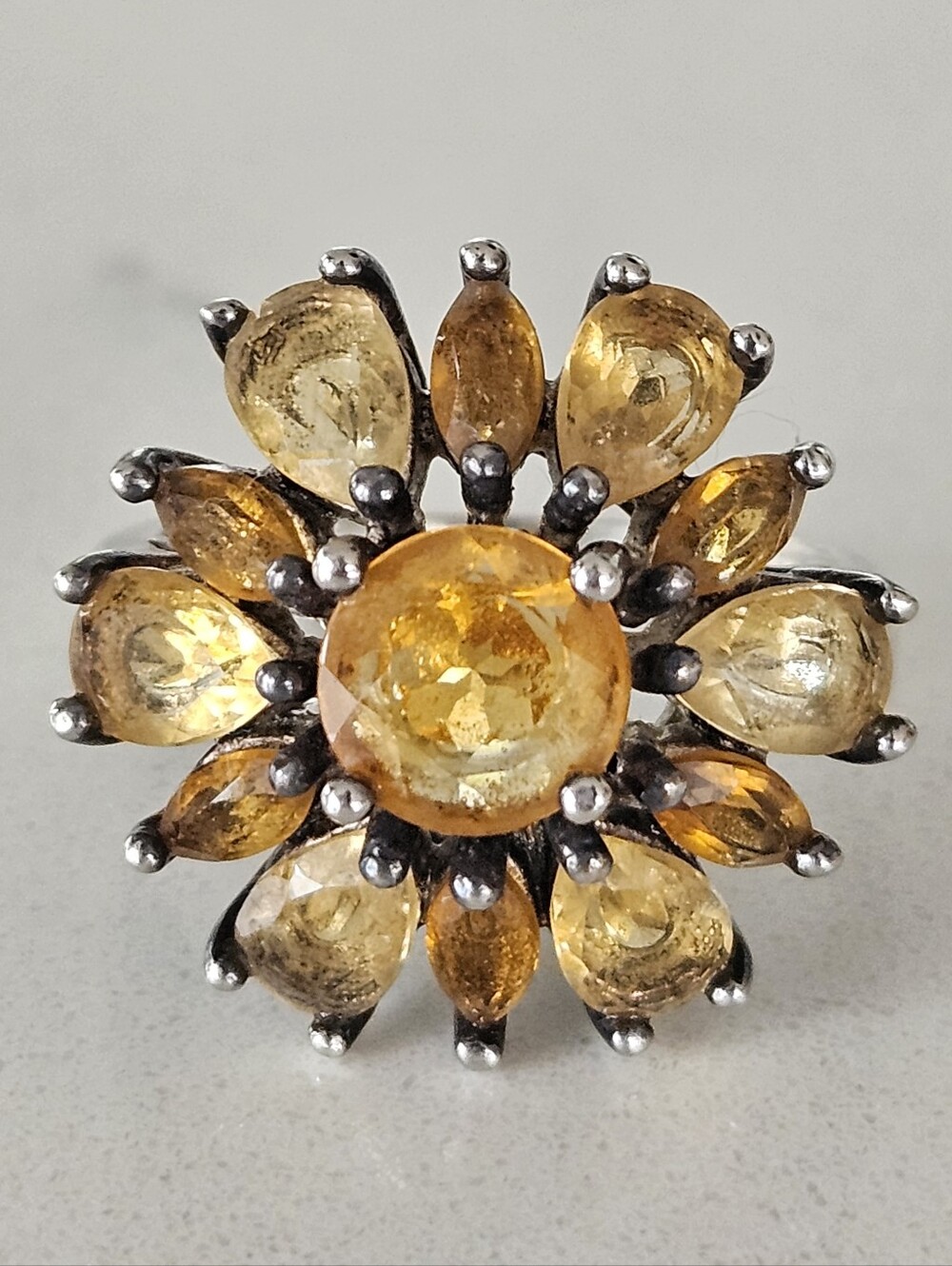 Unique Vintage Yellow Citrine Flower Sterling Silver Statement Ring Sz 7.25